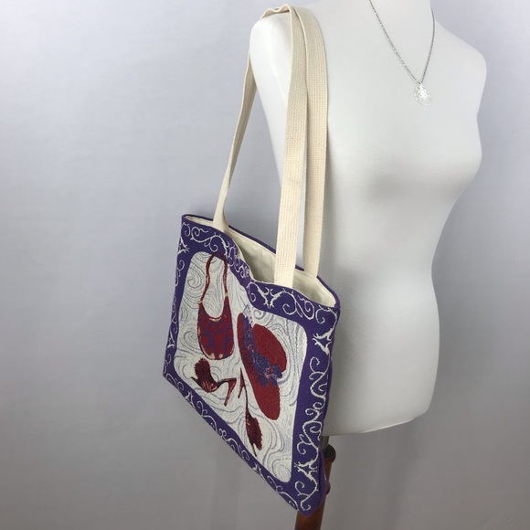 Ivory Purple and Red Hat Purse and Shoes Design Tapestry Canvas Tote Bag - Picture 4 of 12